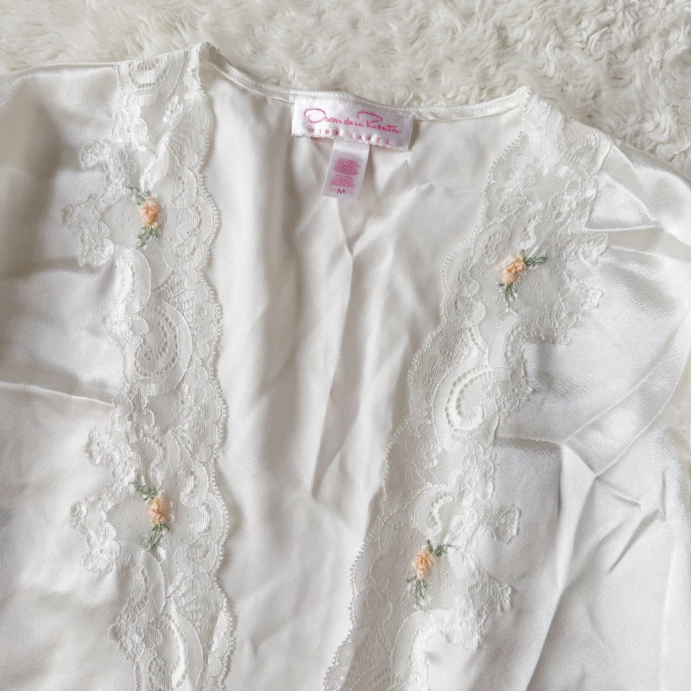 VTG Oscar de la Renta Pink Label Cream Satin Lace Floral Robe MEDIUM Romantic